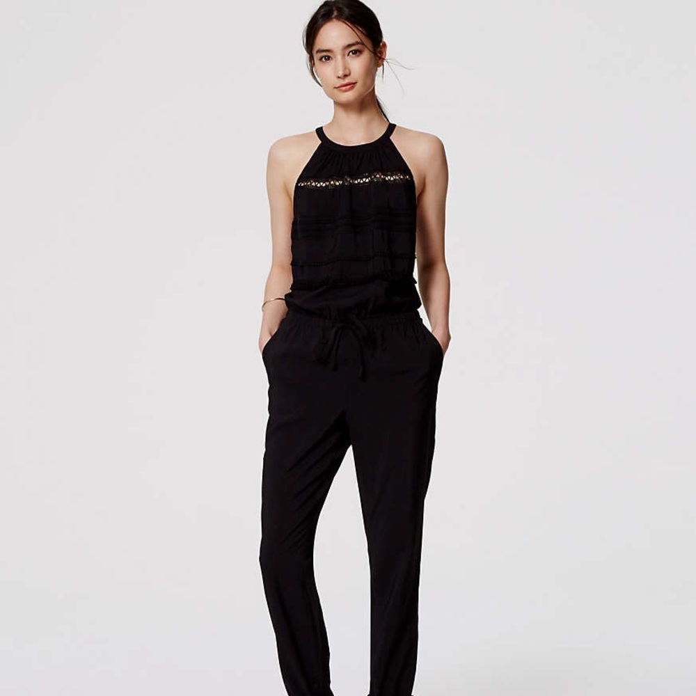 LOFT Black Textured Fringe Halter Jumpsuit XS